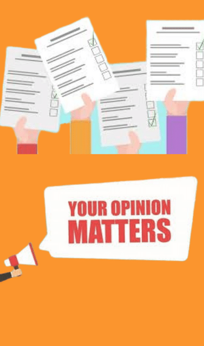 Cartoon of hands and survey forms and a microphone with the words your opinion matters