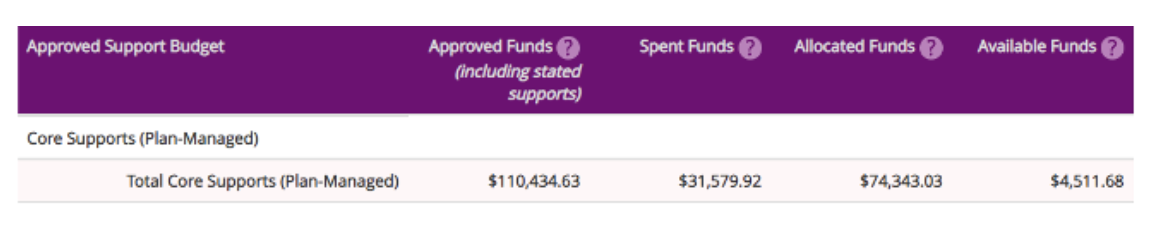 screenshot from NDIA Portal saying: Approved support Budget: Core supports total core supports (Plan managed): Approved Funds $110,434.63 Spent Funds $31,579.92 Allocated Funds $74343.03 Available funds $4511.68